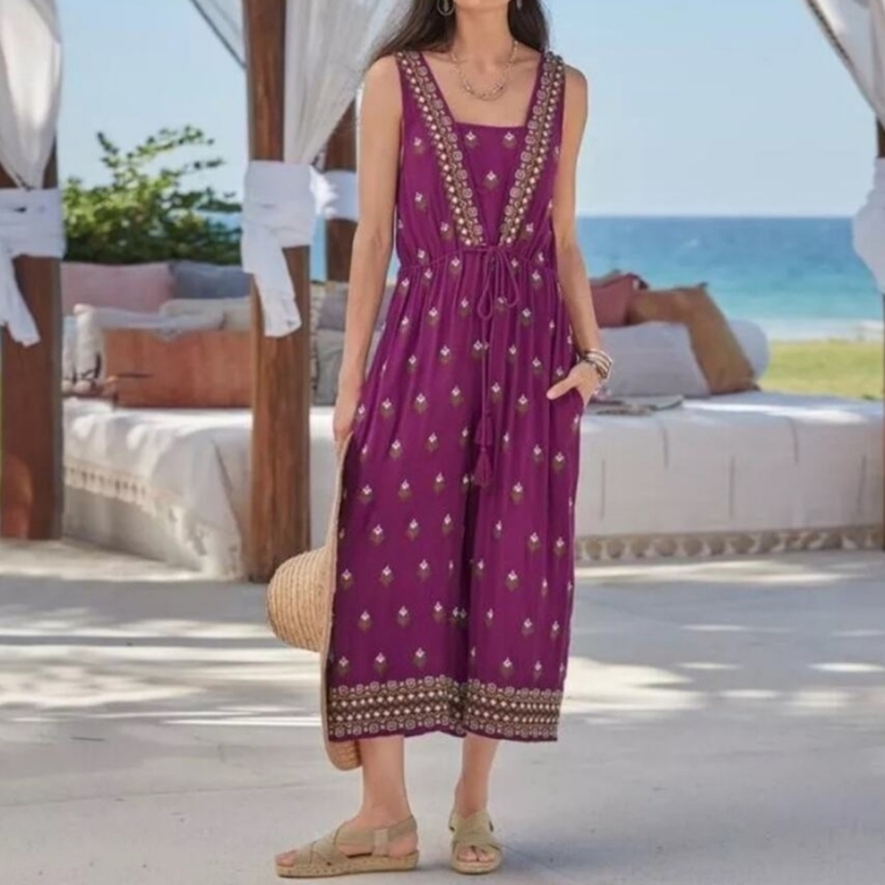 Sundance-Purple "Amira" Embroidered Floral Crop Wide Leg Jumpsuit-Size XS
